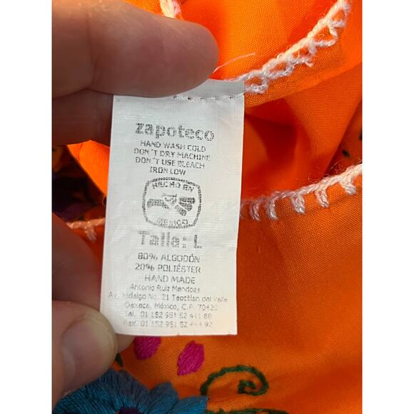 Zapoteco Mexican Dress Size Medium Orange Floral Feather Embroidered - Picture 7 of 7